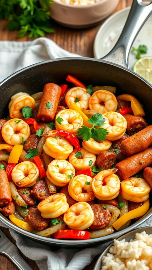 A skillet of shrimp and kielbasa with bell peppers and onions, garnished with parsley, served with rice on a rustic table.